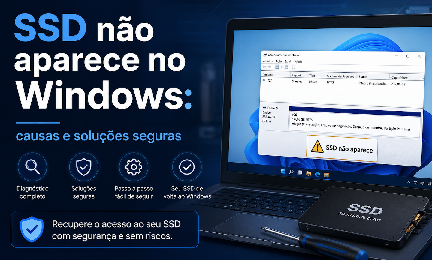 SSD não aparece no Windows: causas e soluções seguras